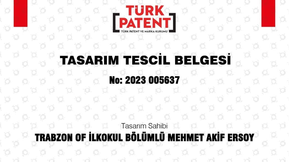 Türk Patent ve Marka Kurumu tarafından verilen tasarım tescil belgemiz.